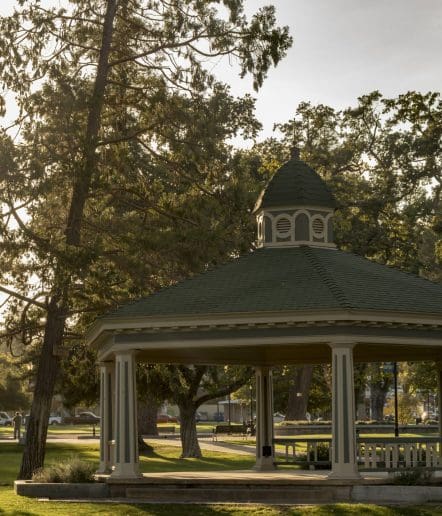 A wooden gazebo with a green roof stands in a sunlit park surrounded by tall trees and green grass, perfect for relaxing or hosting Paso Robles events as soft sunlight filters through the branches.