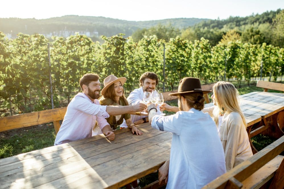Five friends sit at a wooden picnic table in a vineyard, smiling and toasting with wine glasses under the sun. Green vines and hills form the backdrop, capturing the lively spirit of Paso Robles Events.