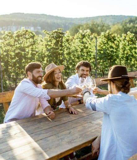 Four people sit at a wooden outdoor table in a vineyard near Paso Robles Events, smiling and toasting with wine glasses. Casually dressed, two wear hats, as green grapevines and scenic hills create a picturesque backdrop.