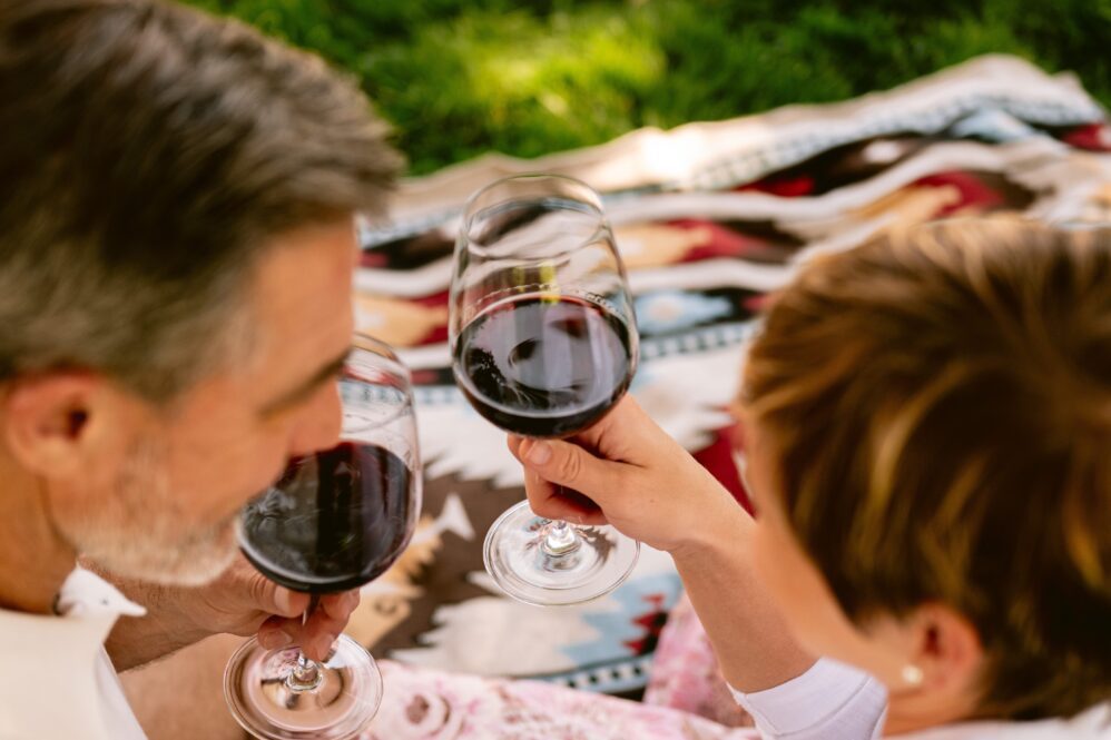 A close-up of two people sitting on a patterned blanket outdoors, clinking glasses of red wine while enjoying a picnic on the grass. The focus is on their hands and the wine glasses.