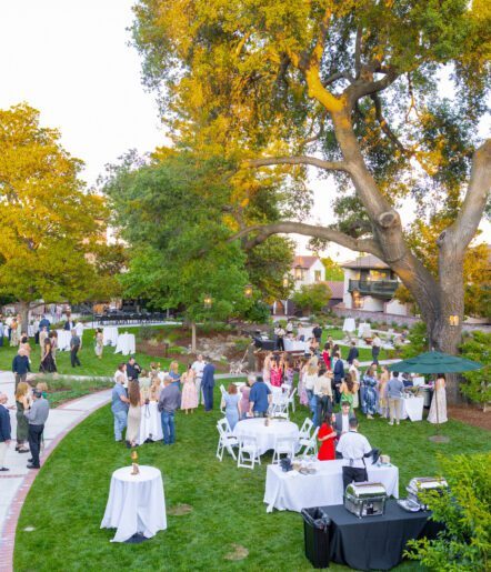 An outdoor gathering under large trees shows people mingling around white-clothed tables on a lawn, with bright sunlight and a relaxed, festive atmosphere.