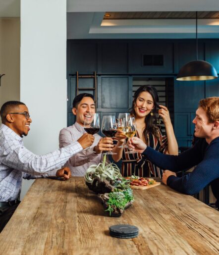 Four people sit around a wooden table, smiling and toasting with wine glasses. There is a small platter of snacks and a plant centerpiece on the table. The setting appears to be indoors with modern decor.